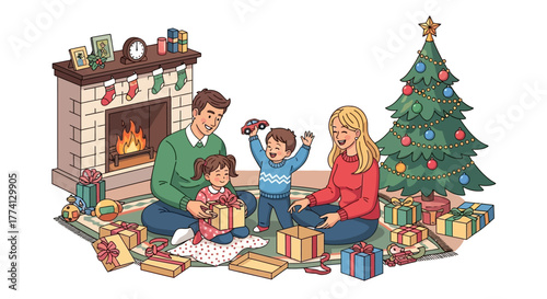 Family Christmas Celebration Joyful Moments of Gift-Giving, Decorated Tree, and Cozy Fireplace