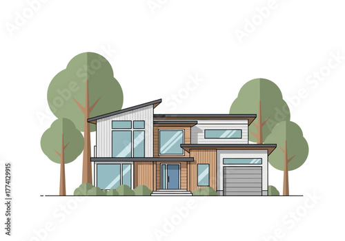 Modern House Illustration with Green Trees, Clean Lines, and Minimalist Style