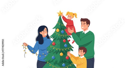 Family Decorating a Christmas Tree Festive Holiday Illustration with Joyful Moments