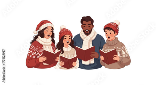 A diverse family joyfully singing Christmas carols together during the winter holiday season