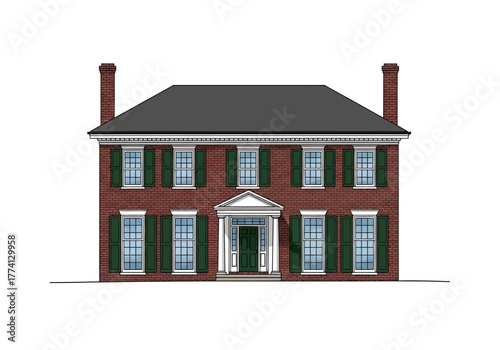 Elegant Two-Story Brick House with Green Shutters Illustration
