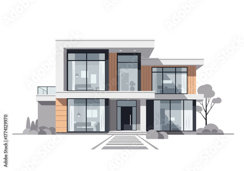 Elegant Two-Story Modern Home with Large Windows and Clean Architectural Lines