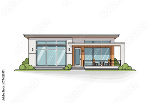 Modern Home Illustration with Porch & Landscaping for Design Projects