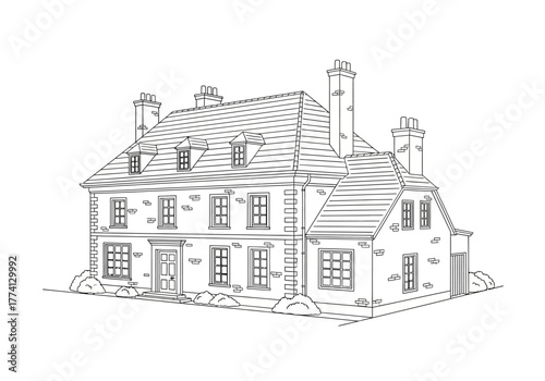 Charming Country Manor Illustration A Classic Residence in Black and White