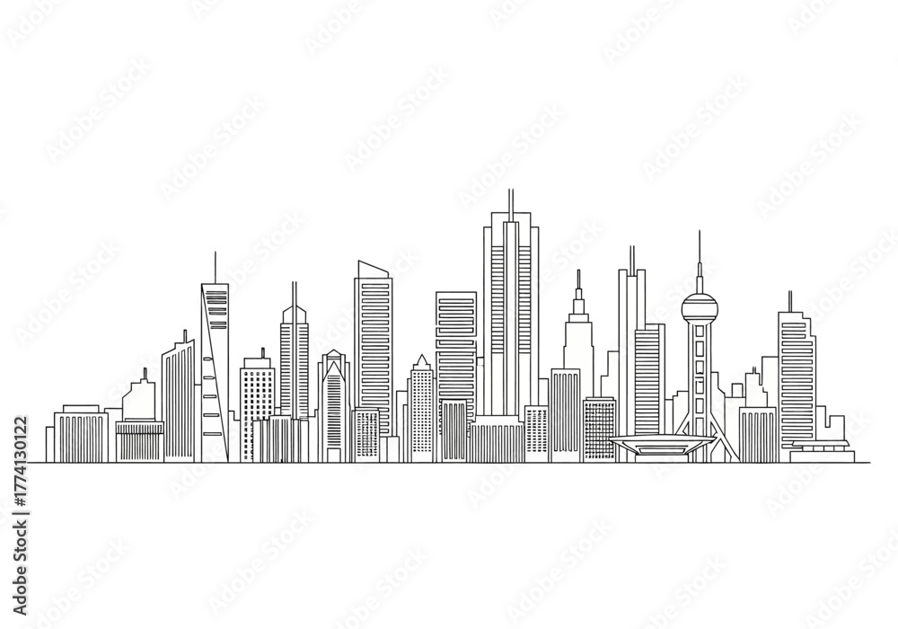 Naklejka premium City Skyline Illustration Modern Architecture Line Art