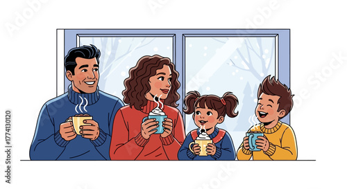 A happy family enjoying hot beverages and the winter scenery through a window