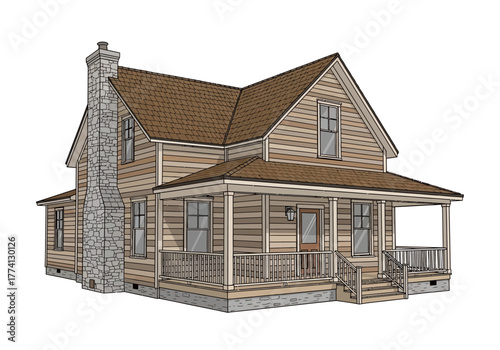 Charming Rustic Cabin with Stone Chimney and Inviting Porch Illustration