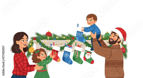 Family decorating Christmas stockings on the fireplace mantle with festive garland and ornaments