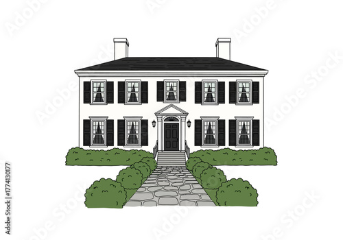 Elegant Two-Story Home Illustration with Manicured Stone Path and Bushes