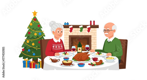 Happy senior couple having a festive Christmas dinner with turkey by a decorated tree and fireplace