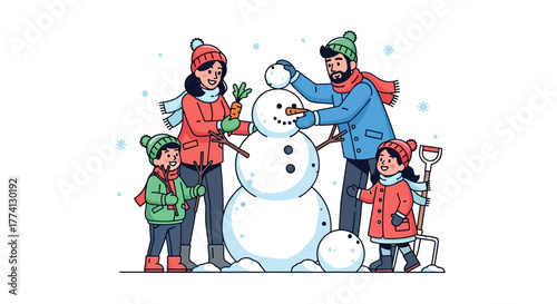 Family happily building a snowman together during a joyful winter day with snowflakes falling