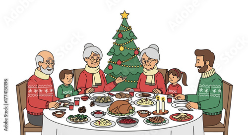 Christmas family gathering around a decorated tree and dining table filled with festive holiday food and smiling faces