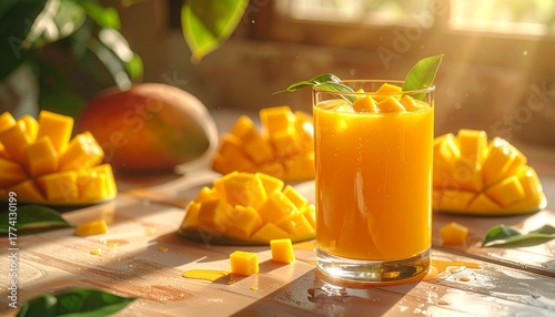 Refreshing mango juice drink surrounded by ripe fruit pieces