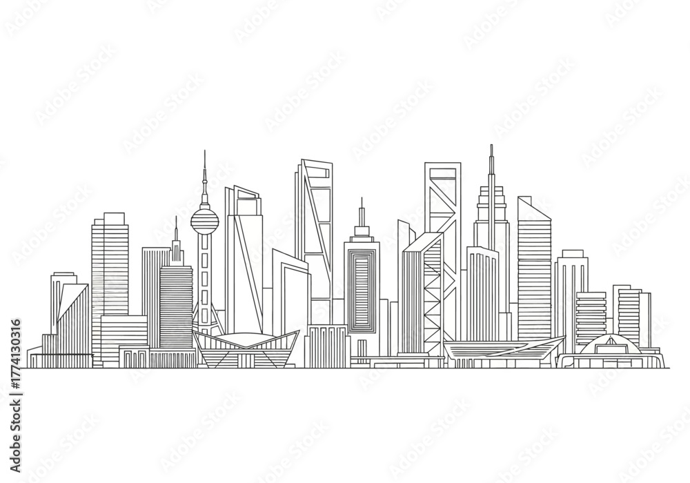 Fototapeta premium Urban Panorama A Minimalist Line Art Cityscape Depiction