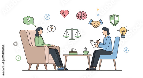 Psychological therapy session with a therapist counseling a patient with illustrated icons symbolizing health and well-being