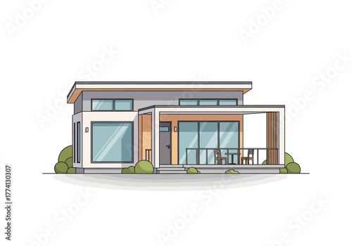 Modern Flat Roof House Illustration with Large Windows and Patio in Contemporary Style