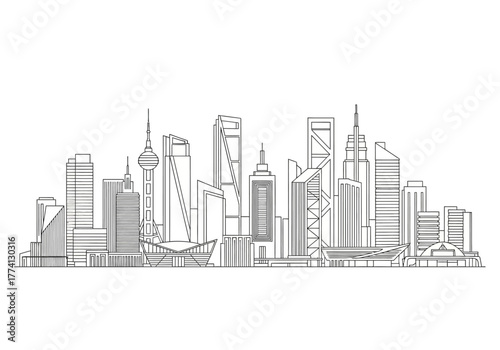 Urban Panorama A Minimalist Line Art Cityscape Depiction