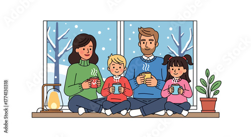 Cozy Family Moments Enjoying Hot Drinks by the Window During Winter Season