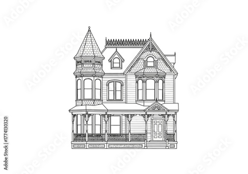 Architectural Illustration of a Victorian Style House with Detailed Facade