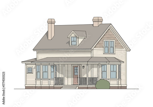 Illustration of a Two-Story House with Covered Porch and Gabled Roof