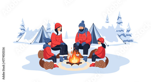 Winter wonderland adventure A joyful family bonds by a crackling campfire during a cozy snow camping experience