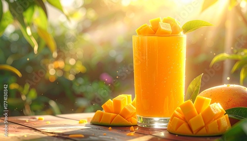 Refreshing mango smoothie in a sunny grove