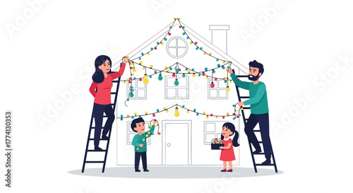 Family Decorating House with Christmas Lights Festive Season