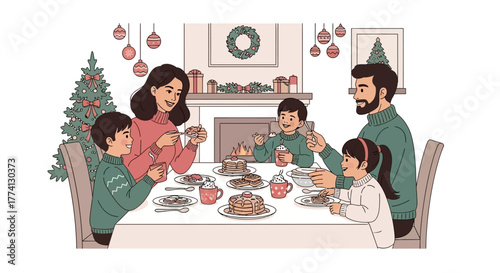 Family enjoying a festive holiday meal together around a decorated dining table