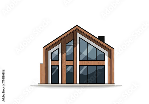 Modern Gable House Illustration with Large Windows and Wood Framing