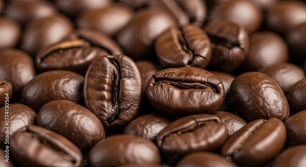 Naklejka premium Close up of roasted coffee beans with rich brown color and detailed texture.