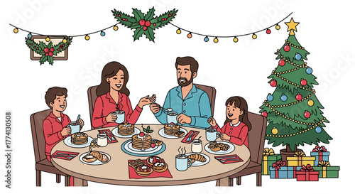 Festive Christmas Family Breakfast with Pancakes and Decorations