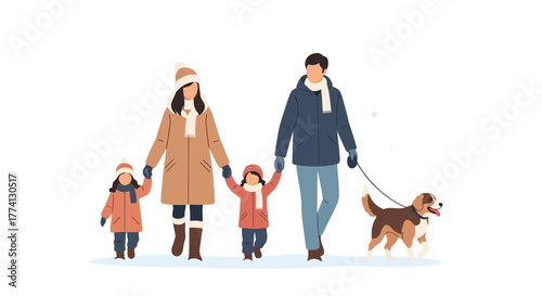 Cheerful family parents and children taking a winter stroll with their beloved pet dog, enjoying the crisp outdoor air in cozy clothes