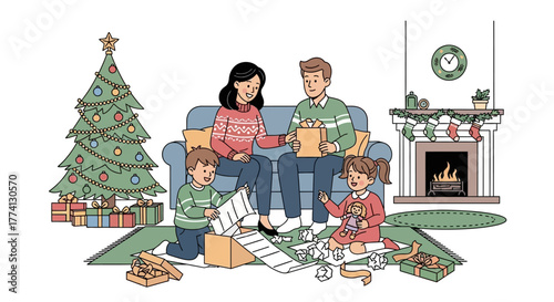 Festive Family Opening Christmas Gifts by the Fireplace Illustration