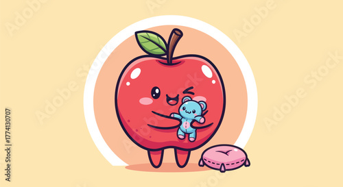 Cartoon apple character holding toy with pillow on light background