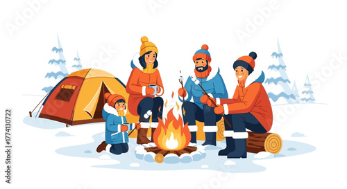 A happy family enjoys a cozy campfire while camping in the snow during winter