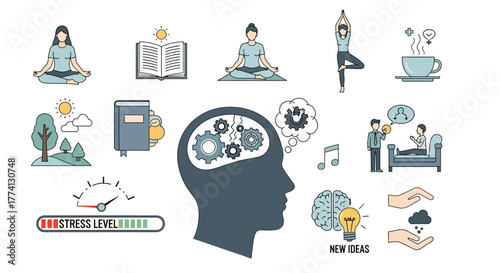 Conceptual icon set illustrating mental health and psychological well-being through activities like yoga, reading, and creative thinking