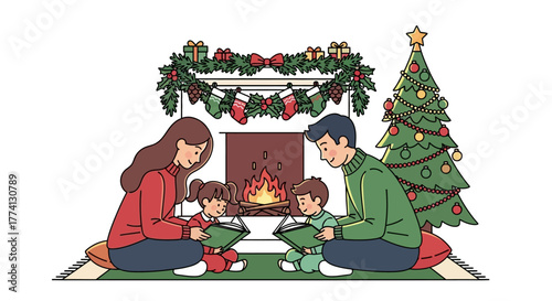 Family reading books in front of a fireplace at Christmas illustration