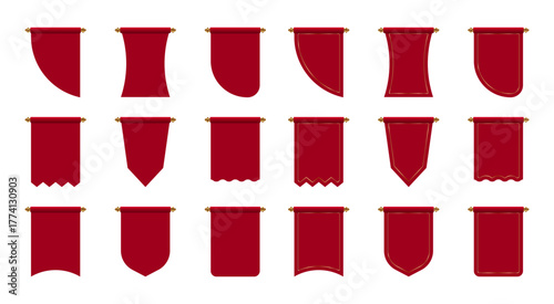 Set of red fabric banners and flags collection on white background