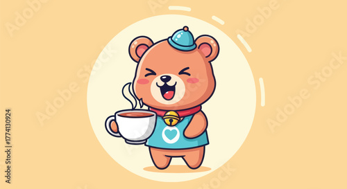 Cartoon bear character with coffee cup illustration against a light background