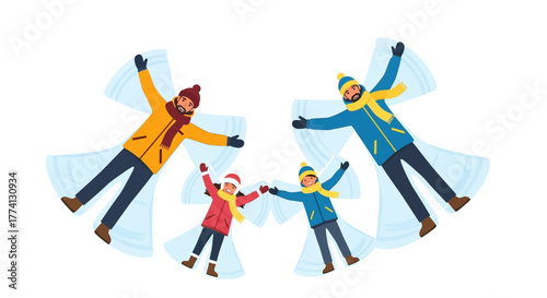 Happy family with two children making snow angels together in winter. Parents and kids enjoying a fun outdoor activity on a snowy day