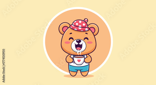 Cartoon bear enjoying coffee in a circle isolated on a light yellow background