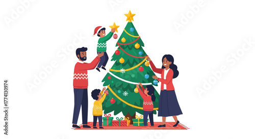 Happy family decorating a Christmas tree at home with ornaments and gifts, festive holiday scene