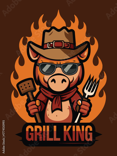 Cartoon Cowboy Pig Holding Grill Utensils with Flames and Text barbecue