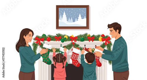 Family Preparing for Christmas by Decorating Fireplace with Festive Garlands