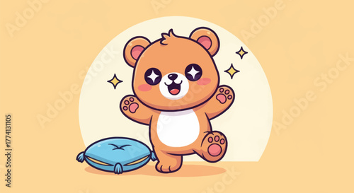 Cartoon bear with a pillow isolated on a light orange background