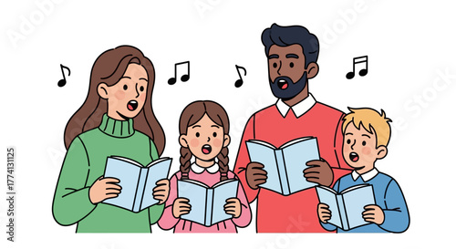 Family Singing Together with Songbooks and Musical Notes, Illustration