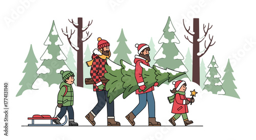 Family outing in a winter forest carrying a Christmas tree and pulling a sled