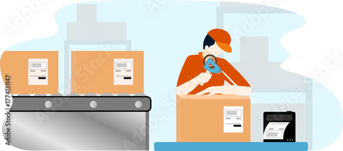 Delivery staff are taping up order packages vector illustration, logistic worker sealing order box with tape, Warehouse Worker Taping and Sealing Shipping Boxes for E-commerce Orders