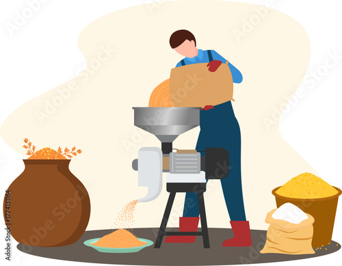 Man grinding grain or feed in an electric mill, pouring raw materials like oat into grinder machine vector illustration, agricultural worker grinding material, Grinding wheat, corn and feed