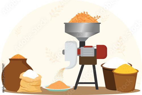 Grain Grinder for Feed or Flour Production vector illustration, illustration of an electric grain grinding machine processing materials